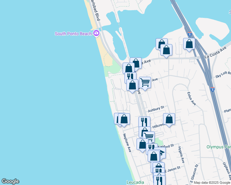 map of restaurants, bars, coffee shops, grocery stores, and more near 1827 Parliament Road in Encinitas