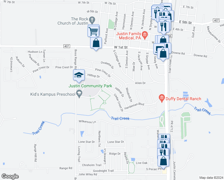 map of restaurants, bars, coffee shops, grocery stores, and more near 238 Cedar Crest Drive in Justin