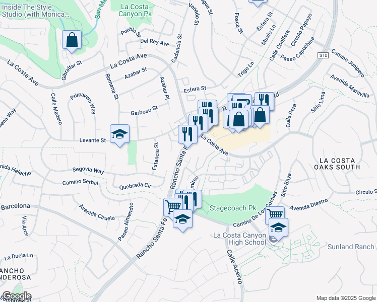 map of restaurants, bars, coffee shops, grocery stores, and more near 7750 Rancho Santa Fe Road in Carlsbad