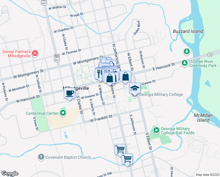 map of restaurants, bars, coffee shops, grocery stores, and more near 116 W Greene St in Milledgeville