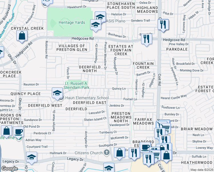 map of restaurants, bars, coffee shops, grocery stores, and more near 7420 Ivanhoe Drive in Plano