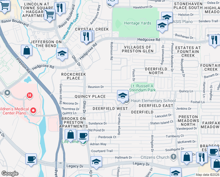 map of restaurants, bars, coffee shops, grocery stores, and more near 4624 Portrait Lane in Plano