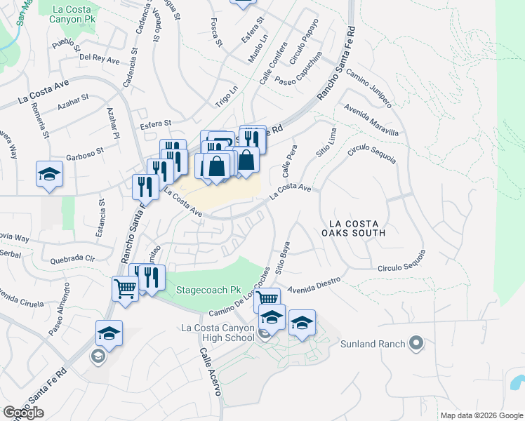 map of restaurants, bars, coffee shops, grocery stores, and more near 7702 Caminito Sierra in Carlsbad