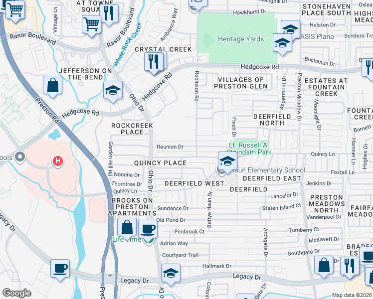 map of restaurants, bars, coffee shops, grocery stores, and more near 4624 Portrait Lane in Plano
