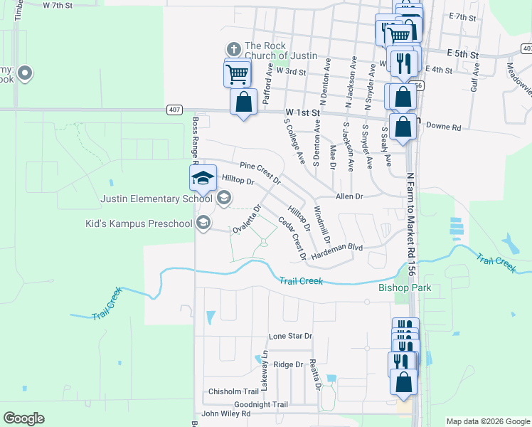 map of restaurants, bars, coffee shops, grocery stores, and more near 247 Cedar Crest Drive in Justin