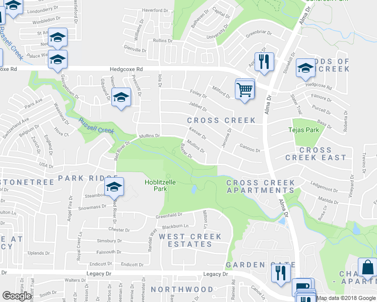 map of restaurants, bars, coffee shops, grocery stores, and more near 1317 Baxter Drive in Plano