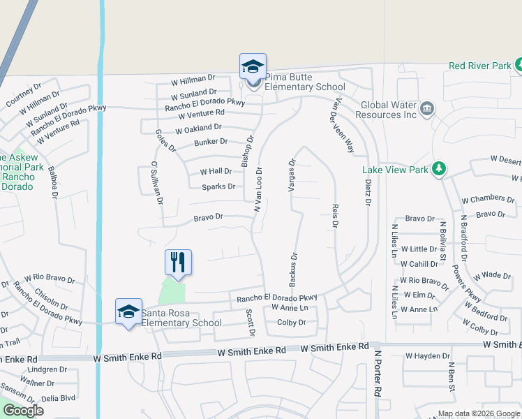 map of restaurants, bars, coffee shops, grocery stores, and more near 22013 North Van Loo Drive in Maricopa