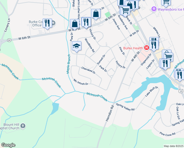 map of restaurants, bars, coffee shops, grocery stores, and more near 634 Cherokee Drive in Waynesboro