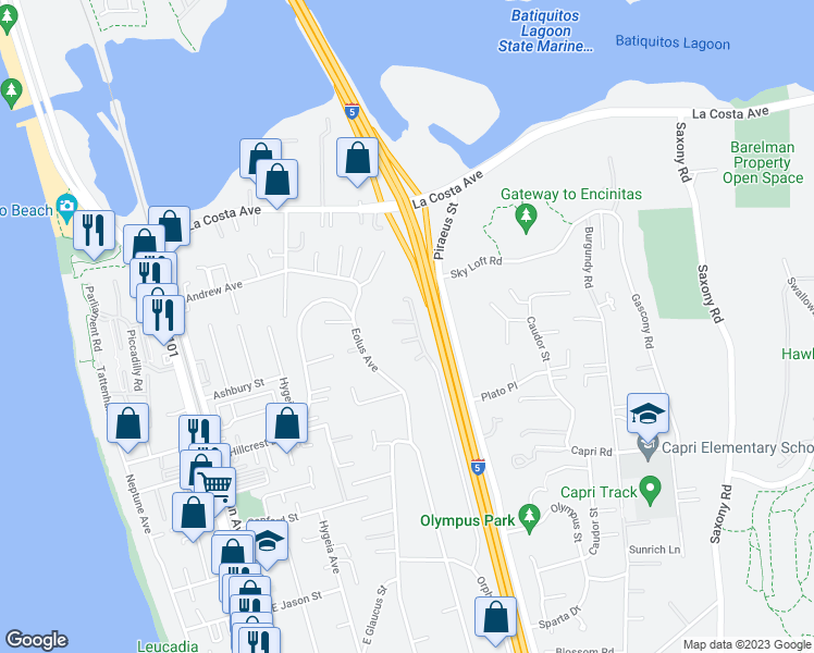 map of restaurants, bars, coffee shops, grocery stores, and more near 598 Rockport Court in Encinitas