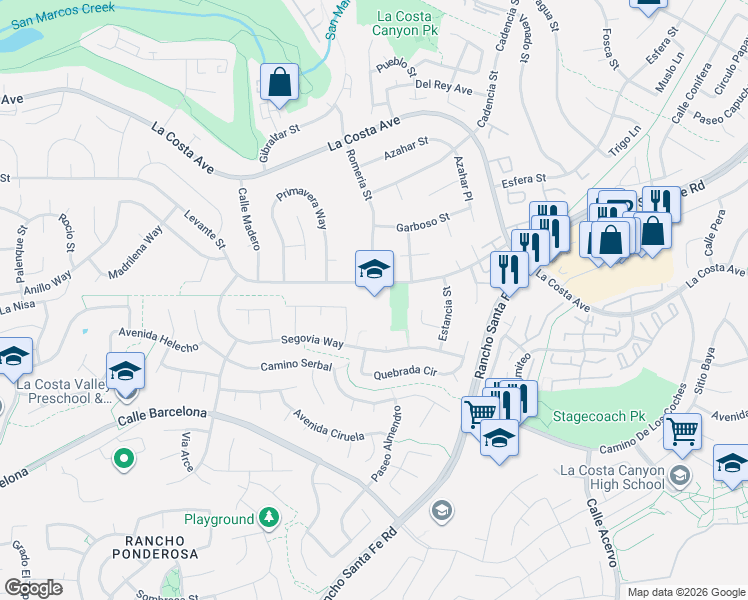 map of restaurants, bars, coffee shops, grocery stores, and more near 3035 Levante Street in Carlsbad