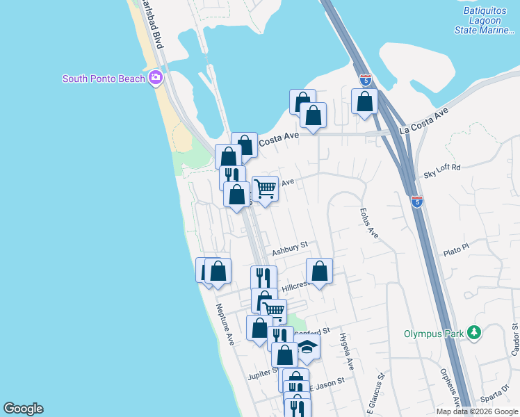 map of restaurants, bars, coffee shops, grocery stores, and more near 1816 Eucalyptus Avenue in Encinitas