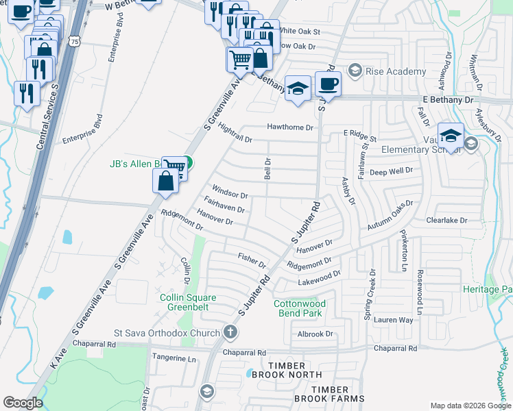 map of restaurants, bars, coffee shops, grocery stores, and more near 1013 Cambridge Drive in Allen