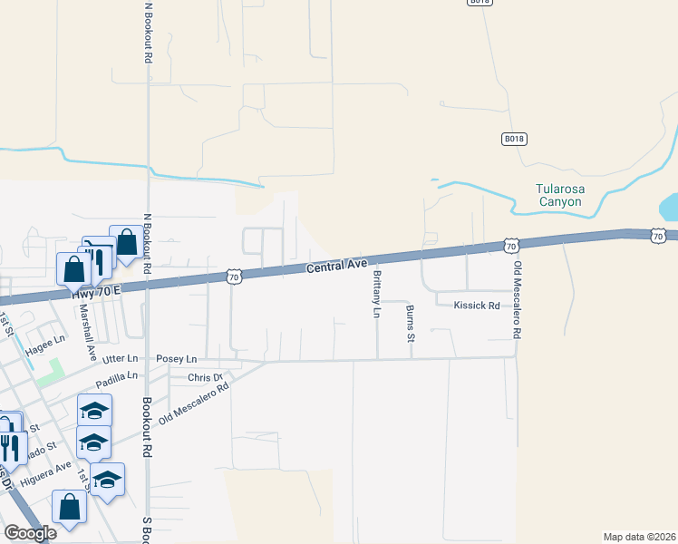 map of restaurants, bars, coffee shops, grocery stores, and more near 1100 Central Avenue in Tularosa