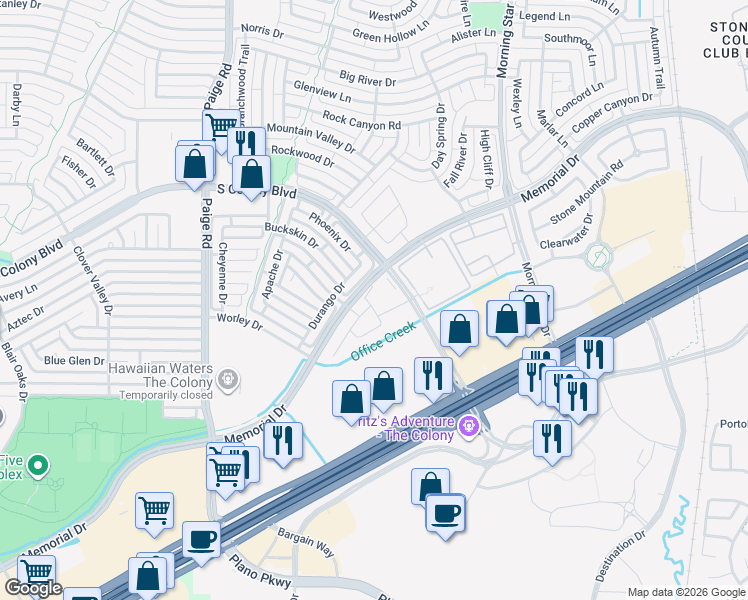 map of restaurants, bars, coffee shops, grocery stores, and more near 5552 Liberty Drive in The Colony