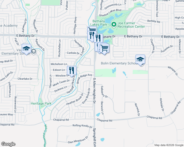 map of restaurants, bars, coffee shops, grocery stores, and more near 1105 Dove Brook Drive in Allen