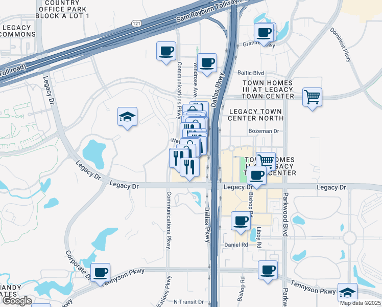 map of restaurants, bars, coffee shops, grocery stores, and more near 6080 Water Street in Plano