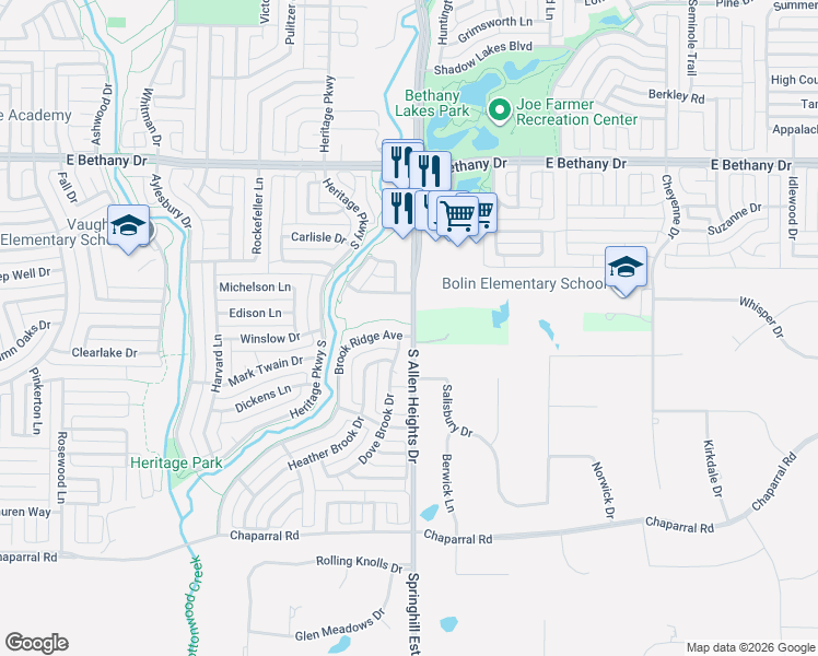 map of restaurants, bars, coffee shops, grocery stores, and more near 1105 Dove Brook Drive in Allen