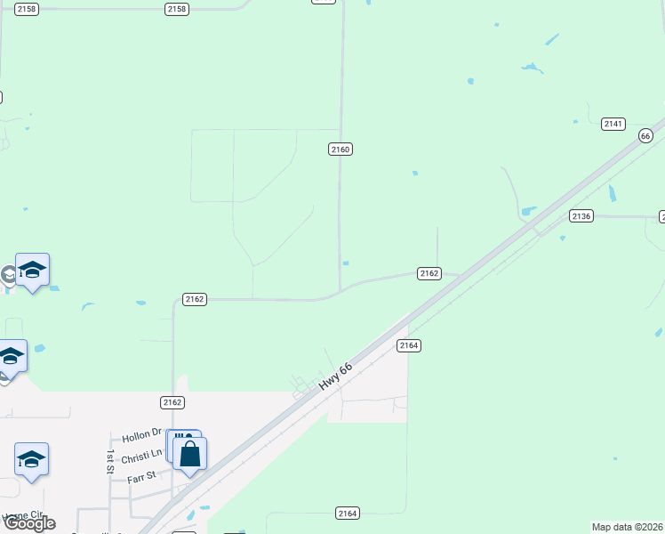 map of restaurants, bars, coffee shops, grocery stores, and more near 2160 County Road 2162 in Caddo Mills
