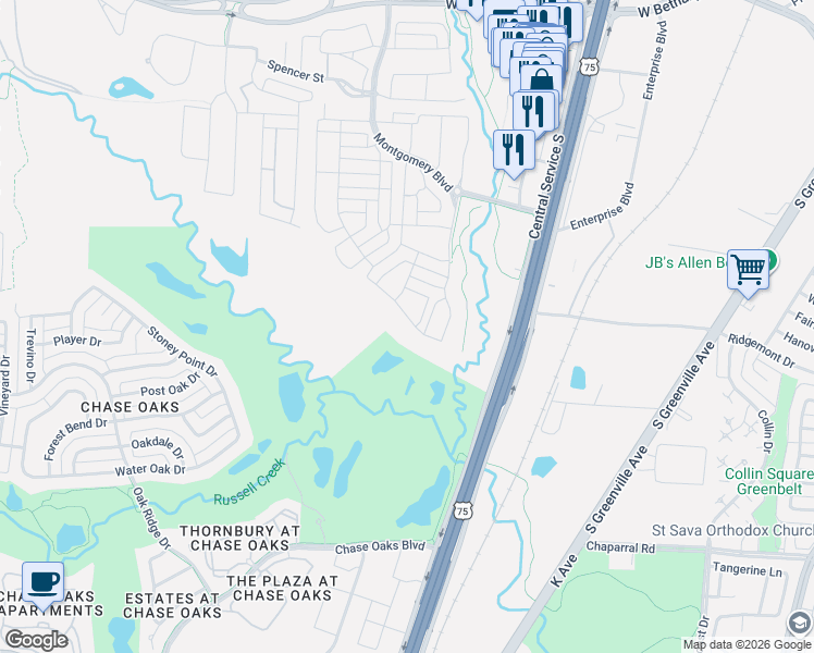 map of restaurants, bars, coffee shops, grocery stores, and more near 1024 Billy Lane in Allen