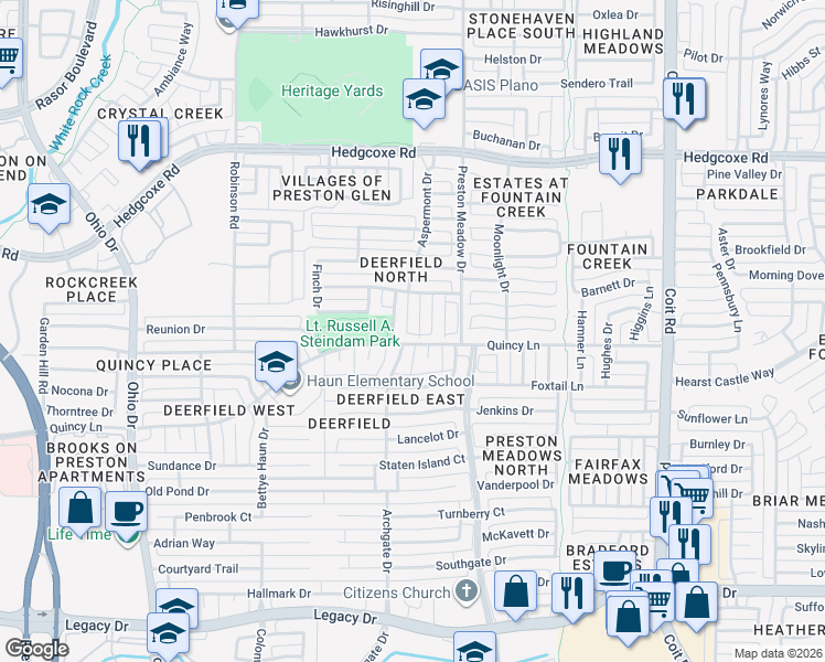map of restaurants, bars, coffee shops, grocery stores, and more near 7609 New Heart Drive in Plano