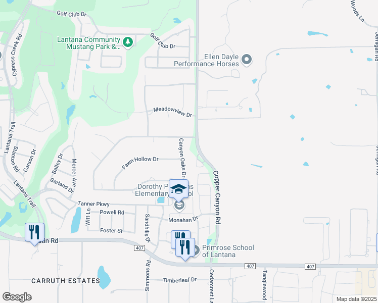 map of restaurants, bars, coffee shops, grocery stores, and more near 100 Canyon Oaks Drive in Argyle