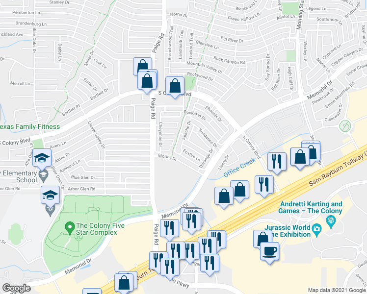map of restaurants, bars, coffee shops, grocery stores, and more near 6025 Apache Drive in The Colony