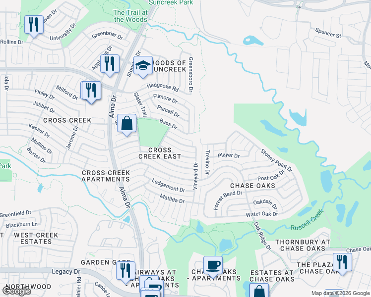 map of restaurants, bars, coffee shops, grocery stores, and more near 7800 Roberta Drive in Plano