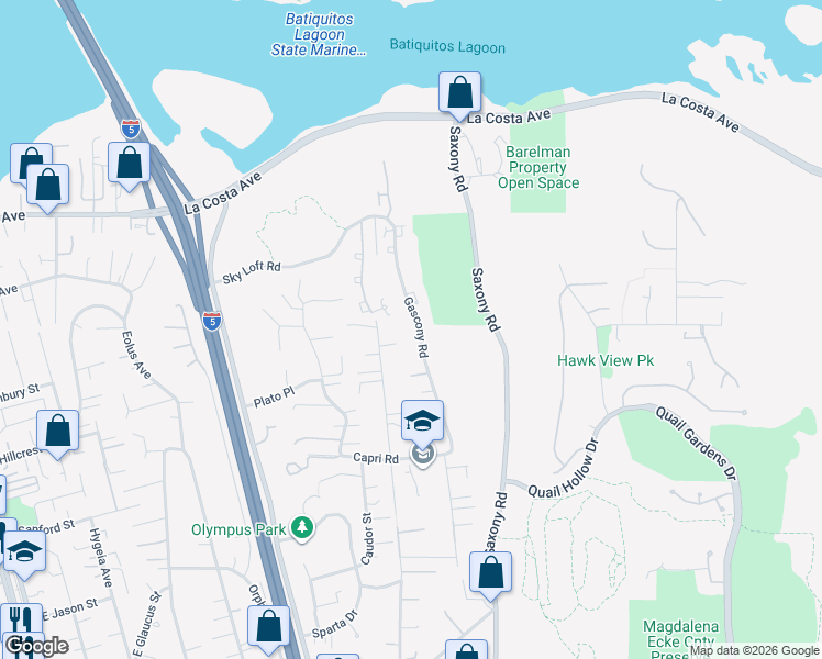 map of restaurants, bars, coffee shops, grocery stores, and more near 1716 Gascony Road in Encinitas