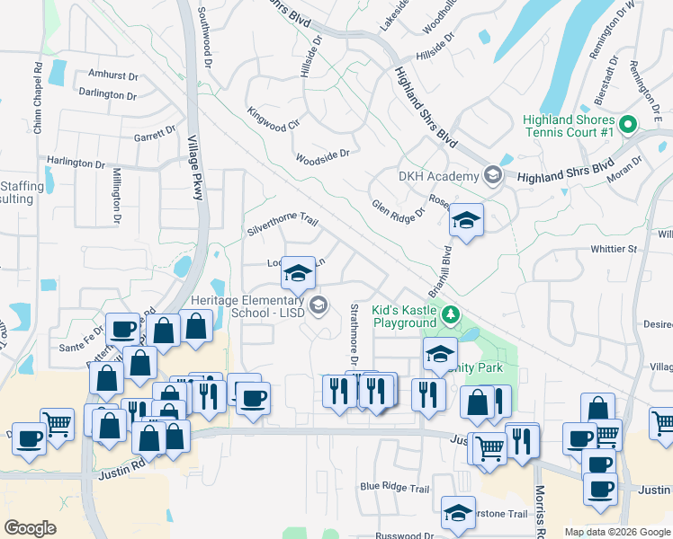 map of restaurants, bars, coffee shops, grocery stores, and more near 2645 Braemar Lane in Highland Village
