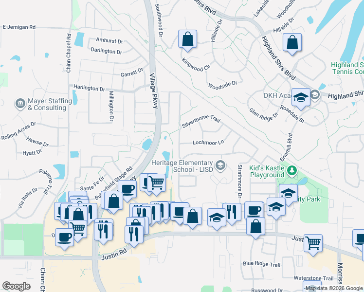map of restaurants, bars, coffee shops, grocery stores, and more near 933 Silverthorne Trail in Highland Village