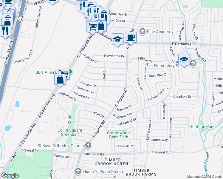 map of restaurants, bars, coffee shops, grocery stores, and more near 549 Windsor Drive in Allen
