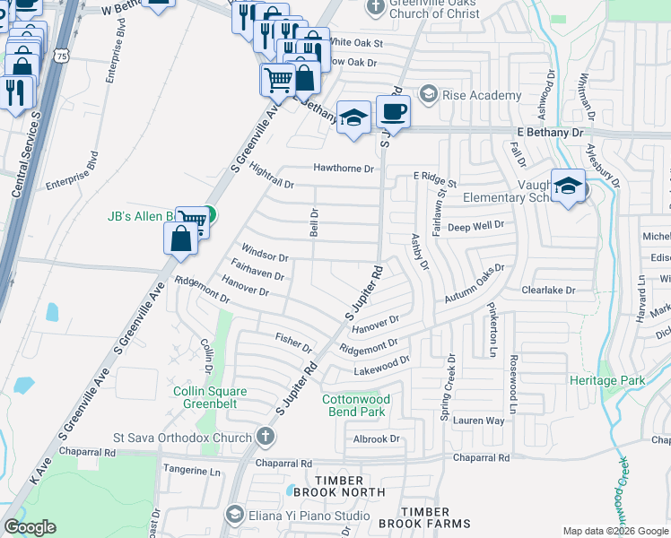 map of restaurants, bars, coffee shops, grocery stores, and more near 549 Windsor Drive in Allen
