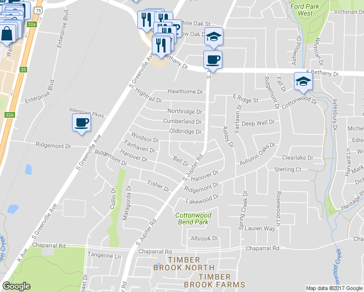 map of restaurants, bars, coffee shops, grocery stores, and more near 1003 Harrison Drive in Allen