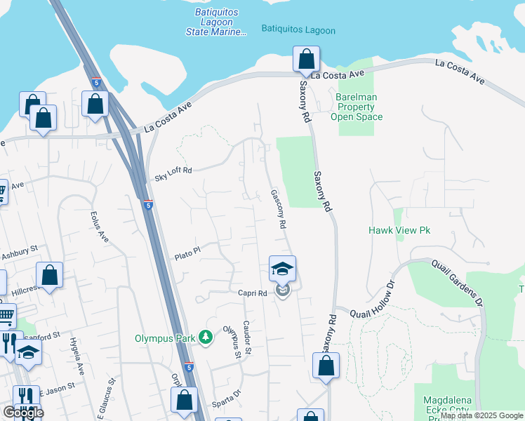 map of restaurants, bars, coffee shops, grocery stores, and more near 1716 Gascony Road in Encinitas