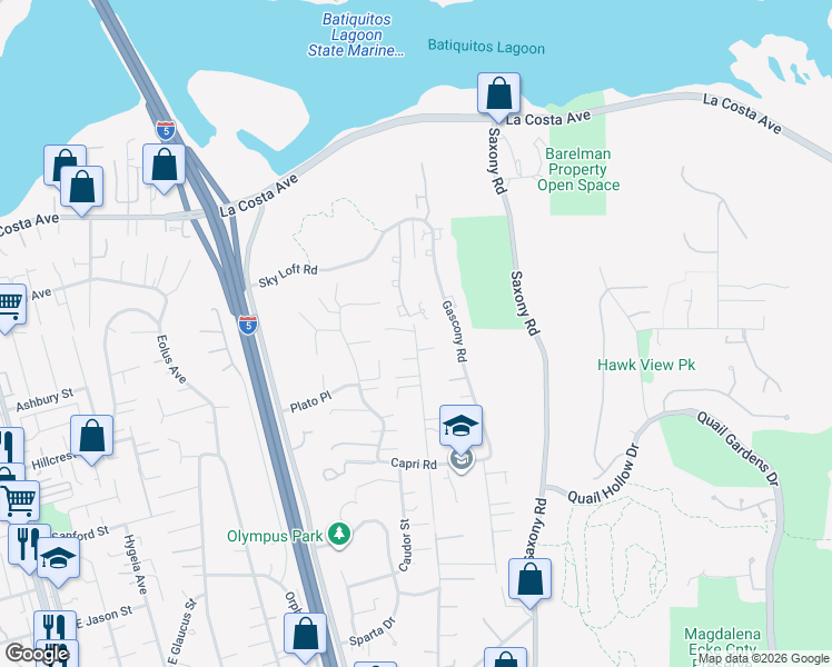 map of restaurants, bars, coffee shops, grocery stores, and more near 1718 Burgundy Road in Encinitas