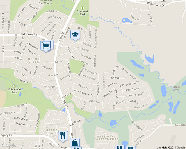 map of restaurants, bars, coffee shops, grocery stores, and more near 7800 Roberta Drive in Plano