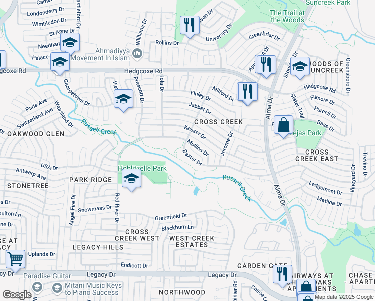 map of restaurants, bars, coffee shops, grocery stores, and more near 1329 Mullins Drive in Plano