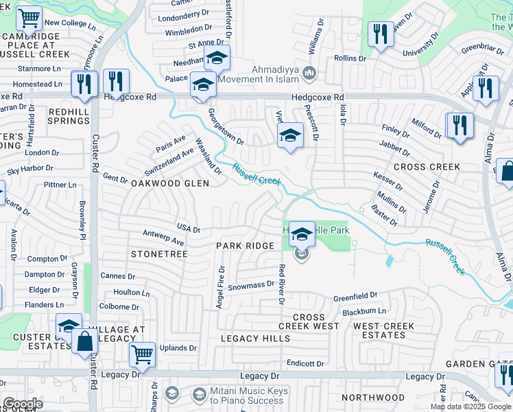 map of restaurants, bars, coffee shops, grocery stores, and more near 7545 Crested Butte Drive in Plano