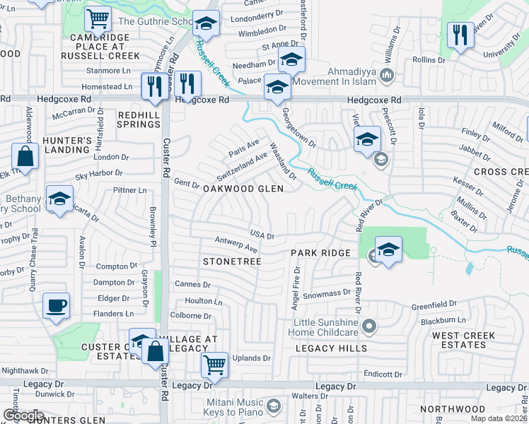 map of restaurants, bars, coffee shops, grocery stores, and more near 7600 England Drive in Plano