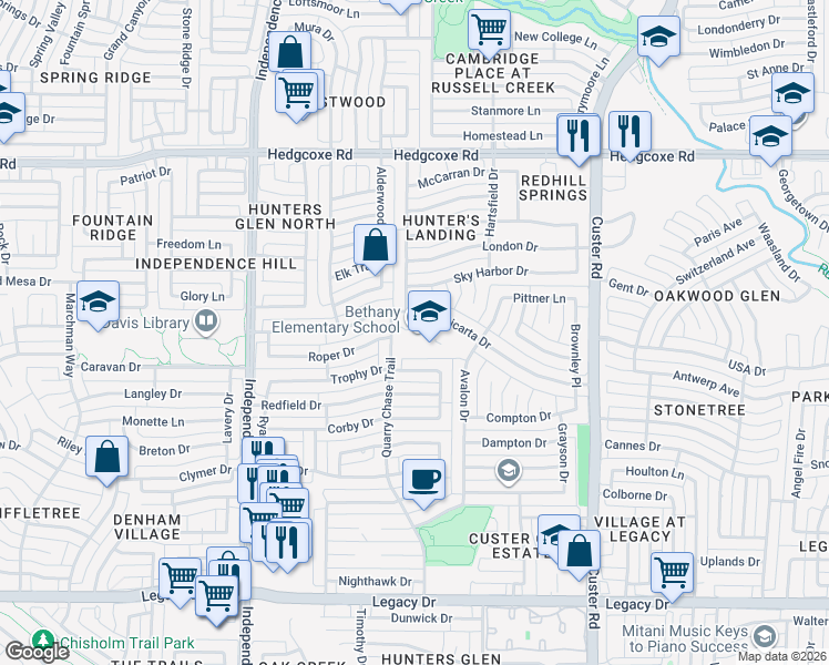 map of restaurants, bars, coffee shops, grocery stores, and more near 2449 Micarta Drive in Plano