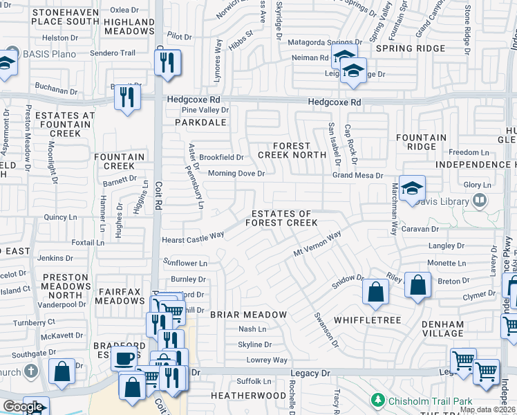 map of restaurants, bars, coffee shops, grocery stores, and more near 7609 Twelve Oaks Circle in Plano