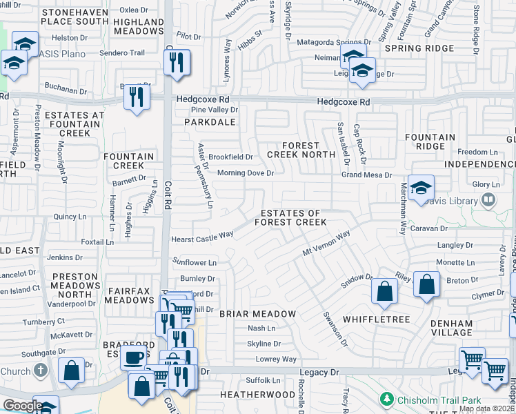 map of restaurants, bars, coffee shops, grocery stores, and more near 7616 Peach Blossom Drive in Plano