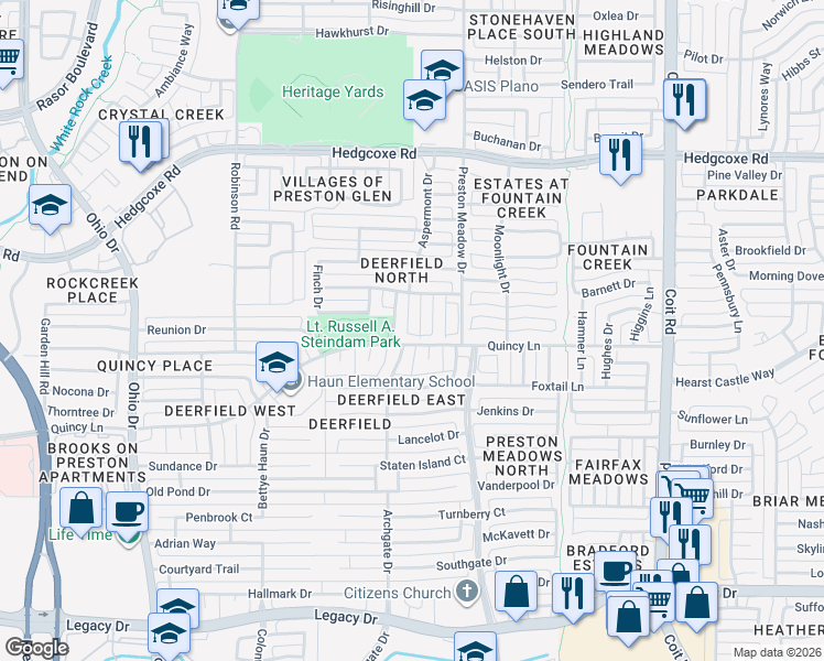 map of restaurants, bars, coffee shops, grocery stores, and more near 7609-7613 New Heart Drive in Plano