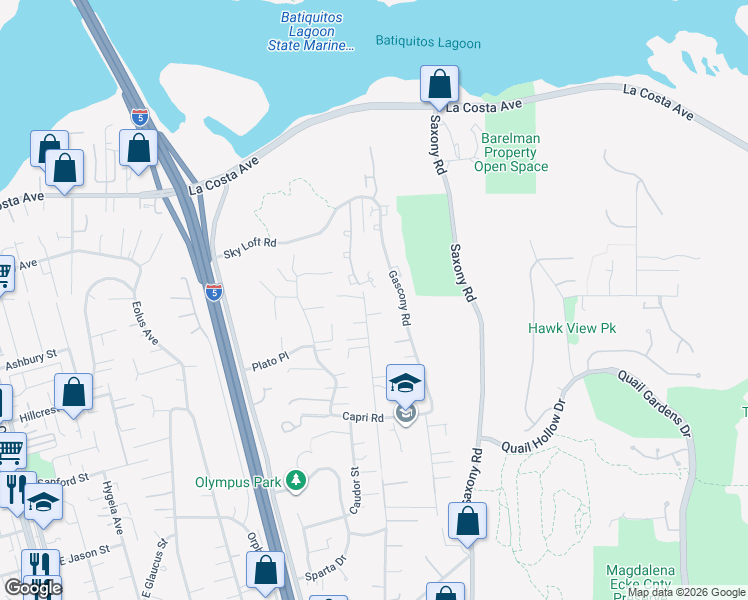 map of restaurants, bars, coffee shops, grocery stores, and more near 1716 Gascony Road in Encinitas