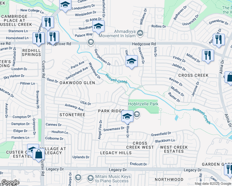 map of restaurants, bars, coffee shops, grocery stores, and more near 7545 Crested Butte Drive in Plano