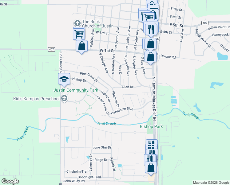 map of restaurants, bars, coffee shops, grocery stores, and more near 432 South College Avenue in Justin
