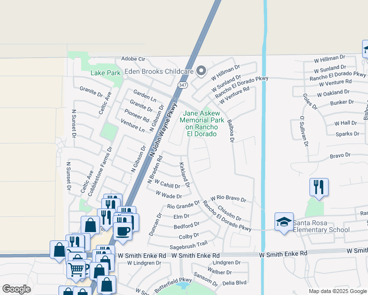 map of restaurants, bars, coffee shops, grocery stores, and more near 22134 Kingston Drive in Maricopa