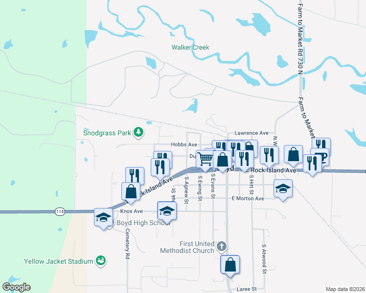 map of restaurants, bars, coffee shops, grocery stores, and more near 304 Agnew Street in Boyd
