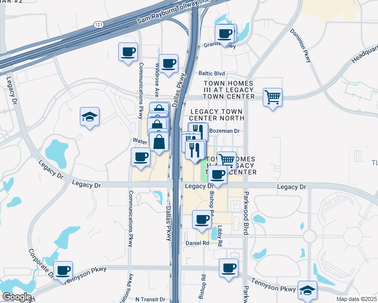 map of restaurants, bars, coffee shops, grocery stores, and more near 7500 Elijah Drive in Plano