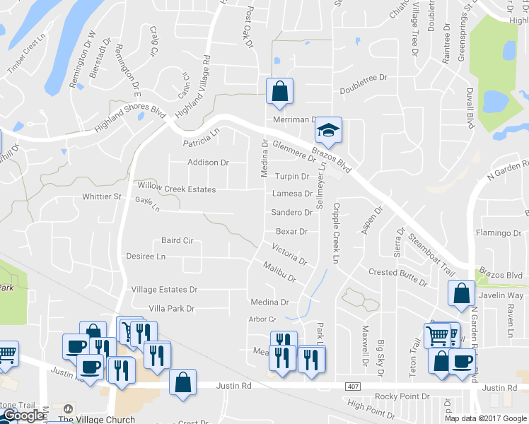 map of restaurants, bars, coffee shops, grocery stores, and more near 529 Medina Drive in Highland Village
